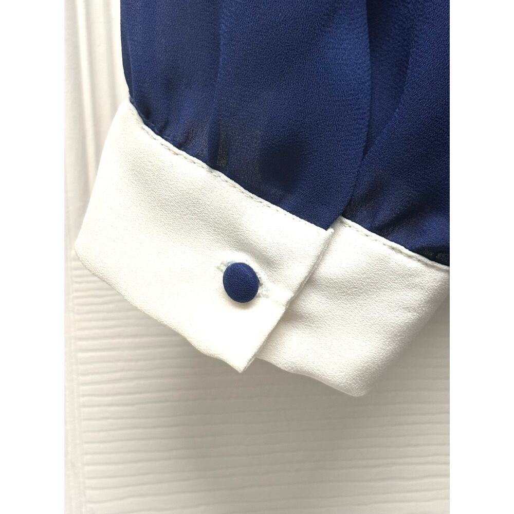 In The Mood Navy Dress White Collar Sheer Sleeves Midi Elastic Waist Size 12 - Picture 7 of 10